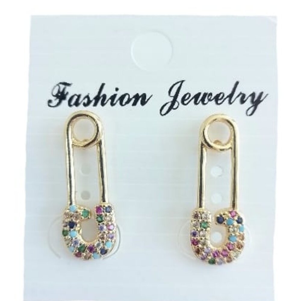 SEWING PIN Stud Earrings - Multicolor Zirconia- STUD PENDANT EARRING